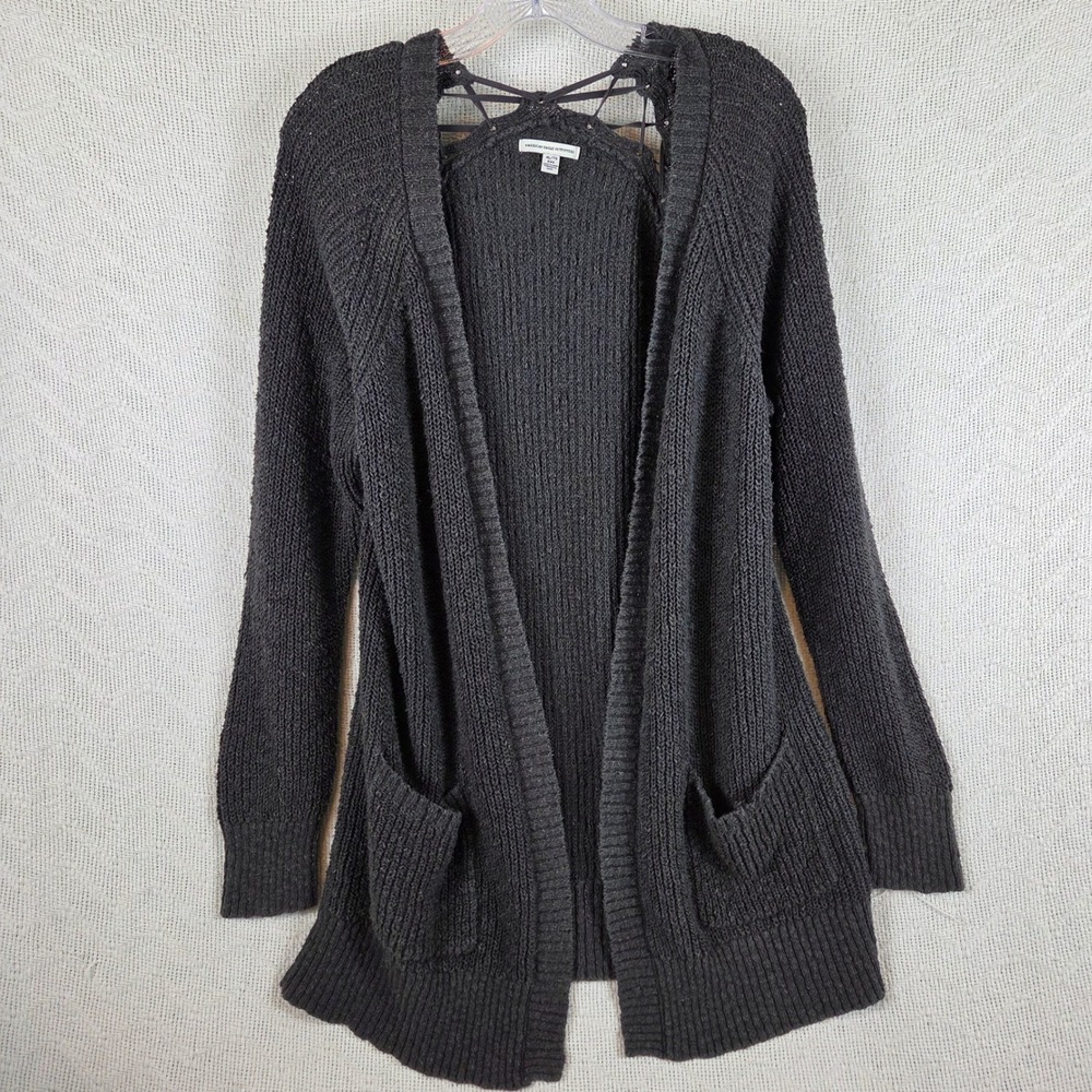 American Eagle Lace Up Back Open Front Cardigan Gray Knit Sweater XL 7595